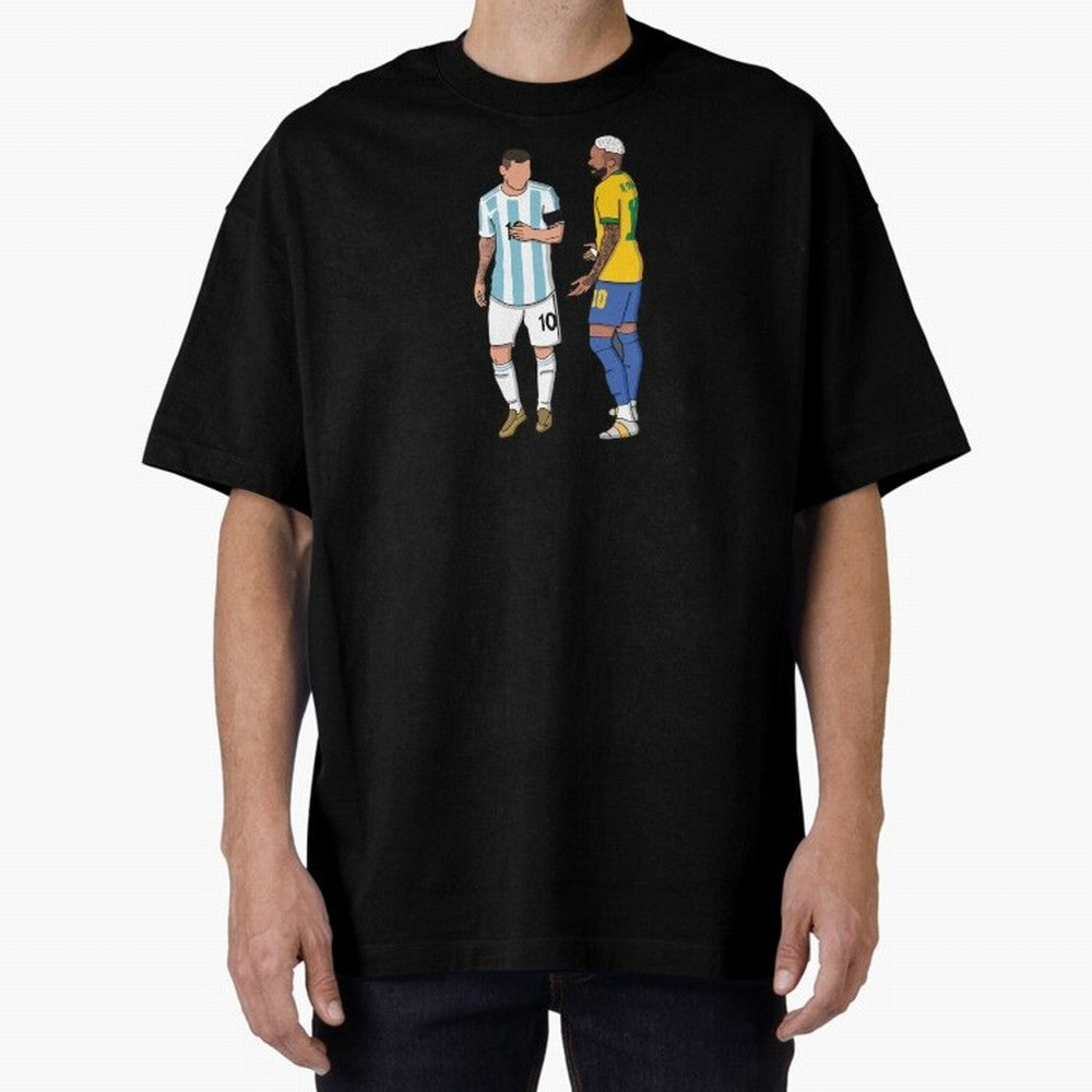 Messi and Neymar Chit Chat Illustration Oversized T-Shirt Show Passion for the Stars of FIFA World Cup 2026 Featuring CR7, Portugal, Spain and Germany Energy, Stadium Memories, Football Loyalty, International Chants and Championship Tradition;