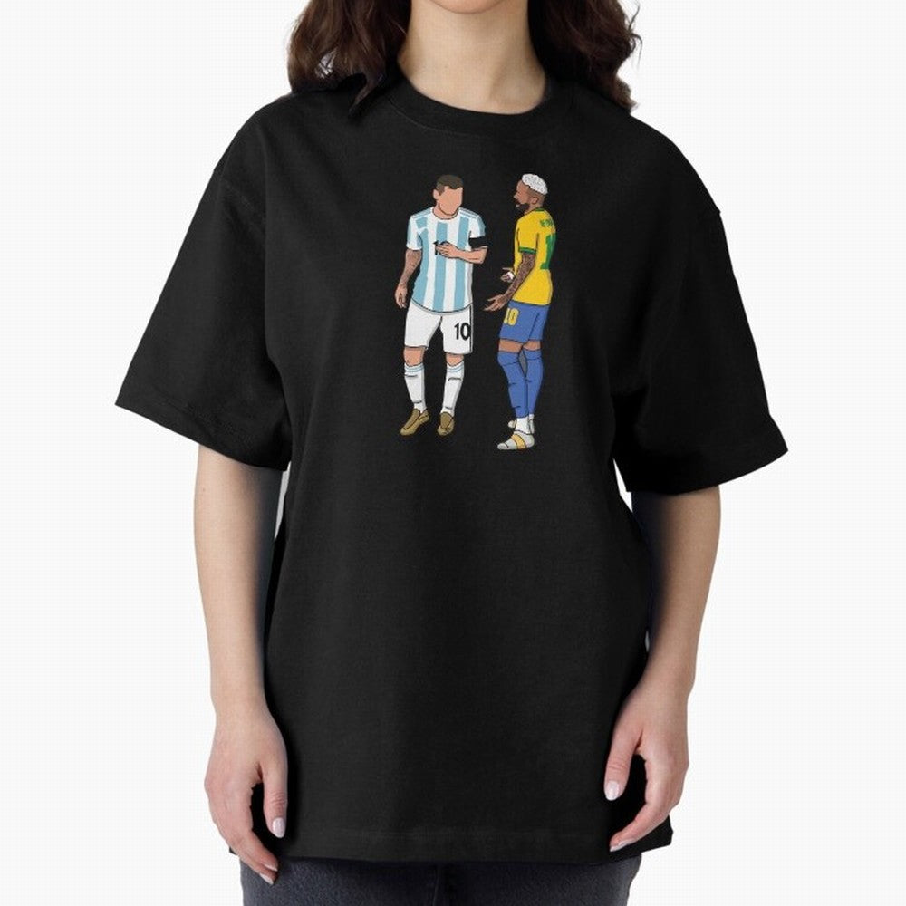 Messi and Neymar Chit Chat Illustration Oversized T-Shirt Show Passion for the Stars of FIFA World Cup 2026 Featuring CR7, Portugal, Spain and Germany Energy, Stadium Memories, Football Loyalty, International Chants and Championship Tradition;