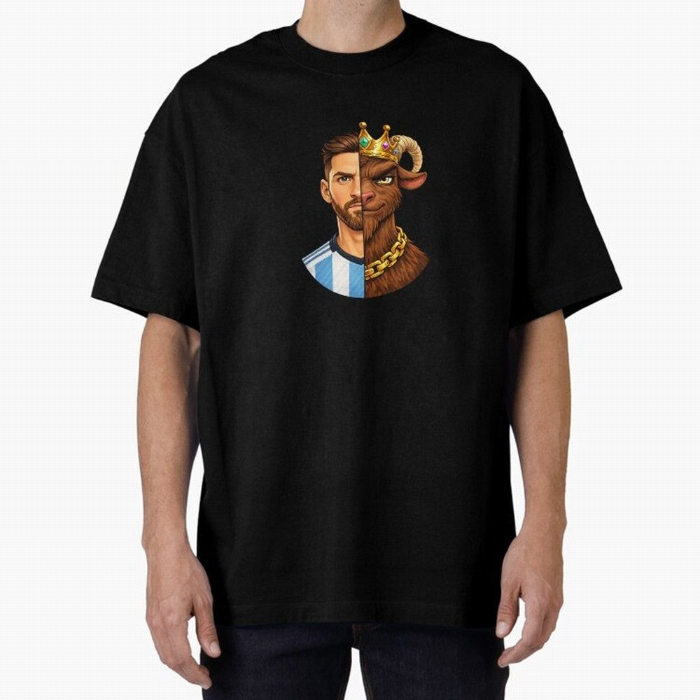 Half Man Half GOAT - Lionel Messi Oversized T-Shirt Join Global Football Passion for FIFA World Cup 2026, Capturing Neymar, Argentina, Vintage Soccer Flavor, Modern Football Stars, National Flags and Final Night Emotion; Ideal for Passionate Fans