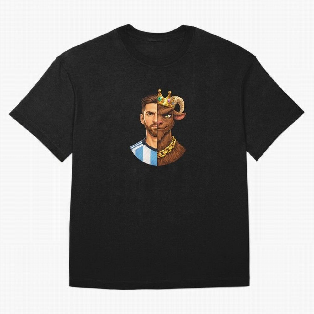 Half Man Half GOAT - Lionel Messi Oversized T-Shirt Join Global Football Passion for FIFA World Cup 2026, Capturing Neymar, Argentina, Vintage Soccer Flavor, Modern Football Stars, National Flags and Final Night Emotion; Ideal for Passionate Fans