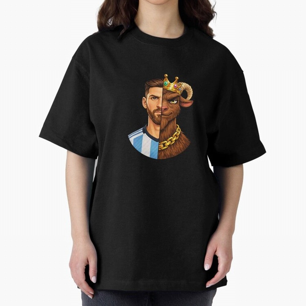Half Man Half GOAT - Lionel Messi Oversized T-Shirt Join Global Football Passion for FIFA World Cup 2026, Capturing Neymar, Argentina, Vintage Soccer Flavor, Modern Football Stars, National Flags and Final Night Emotion; Ideal for Passionate Fans