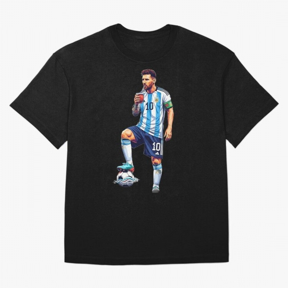 Messi in an illustrated style drinking mate ¨C The Goat Phone Case design Classic T-Shirt Carry Global Football Passion for FIFA World Cup 2026, with Messi and Cristiano Ronaldo, France, Global Supporter Spirit, Legendary Goals, National Colors and
