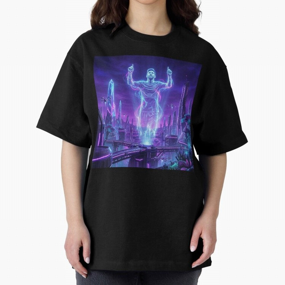 Lionel Messi (GOAT) Hologram in Futuristic Cyberpunk City (Version 2) Classic T-Shirt Carry National Pride through the FIFA World Cup 2026 Journey through Neymar Highlights, Brazil, Portugal and Argentina Pride, Champion Mindset, Group Stage Buzz,