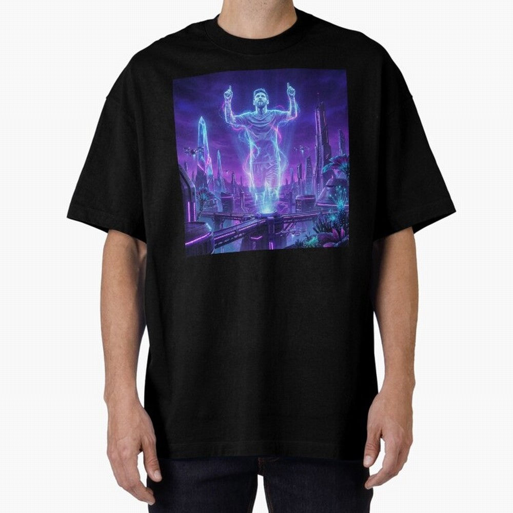 Lionel Messi (GOAT) Hologram in Futuristic Cyberpunk City (Version 2) Classic T-Shirt Carry National Pride through the FIFA World Cup 2026 Journey through Neymar Highlights, Brazil, Portugal and Argentina Pride, Champion Mindset, Group Stage Buzz,