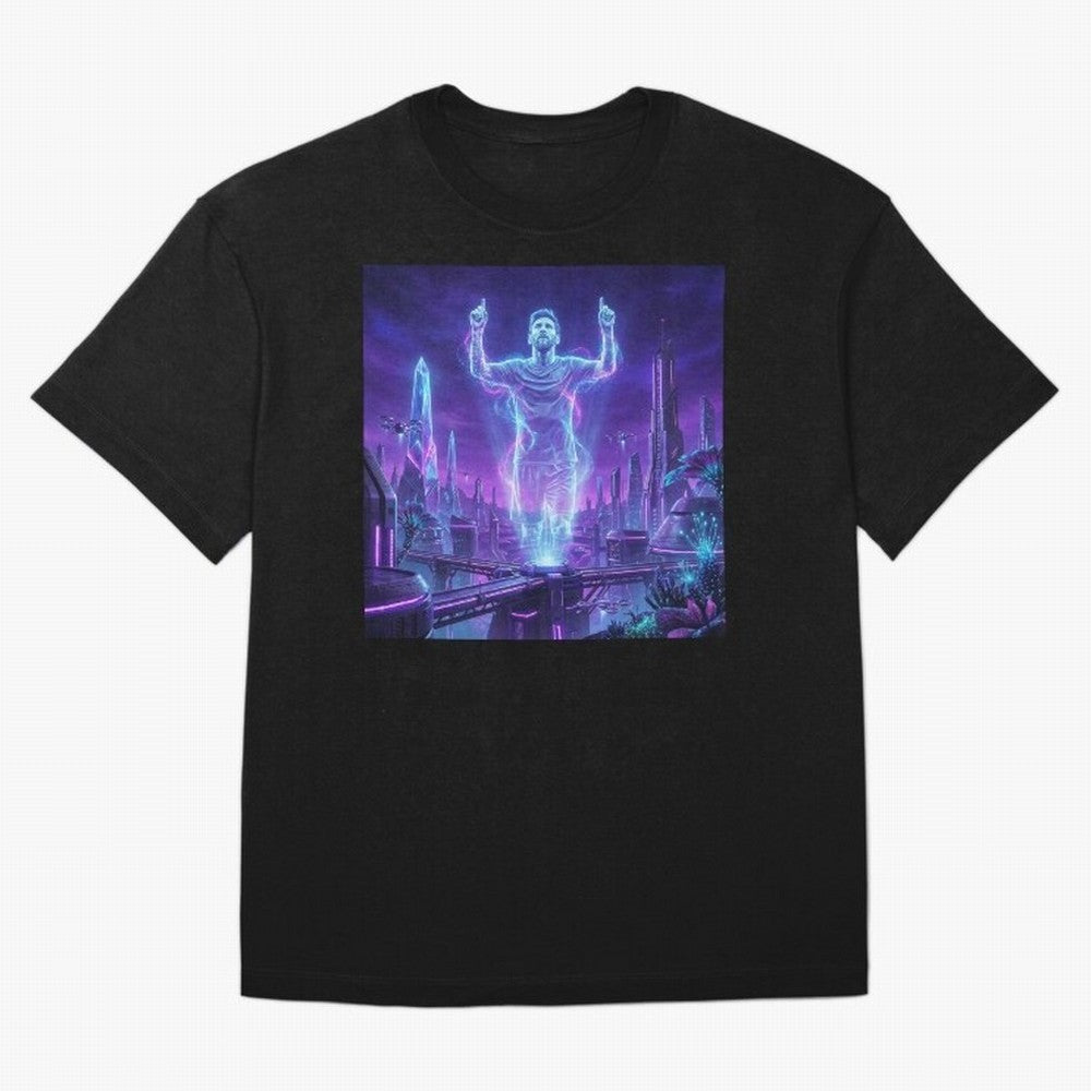 Lionel Messi (GOAT) Hologram in Futuristic Cyberpunk City (Version 2) Classic T-Shirt Carry National Pride through the FIFA World Cup 2026 Journey through Neymar Highlights, Brazil, Portugal and Argentina Pride, Champion Mindset, Group Stage Buzz,