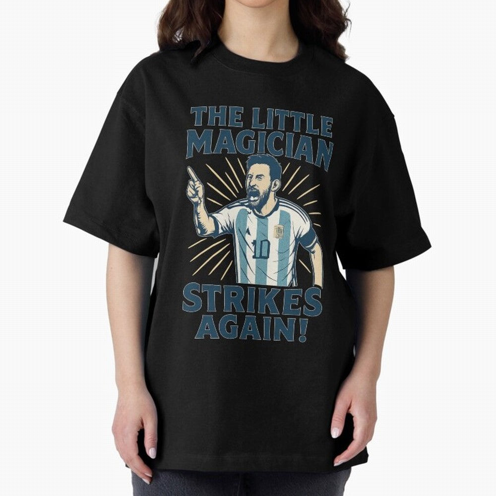 Messi - The Magician Oversized T-Shirt Create Global Football Passion for FIFA World Cup 2026 USA Canada Mexico, Highlighting Cristiano Ronaldo, France and Portugal, Retro Football Energy, Iconic Rivalries, Trophy Chase Drama and Stadium