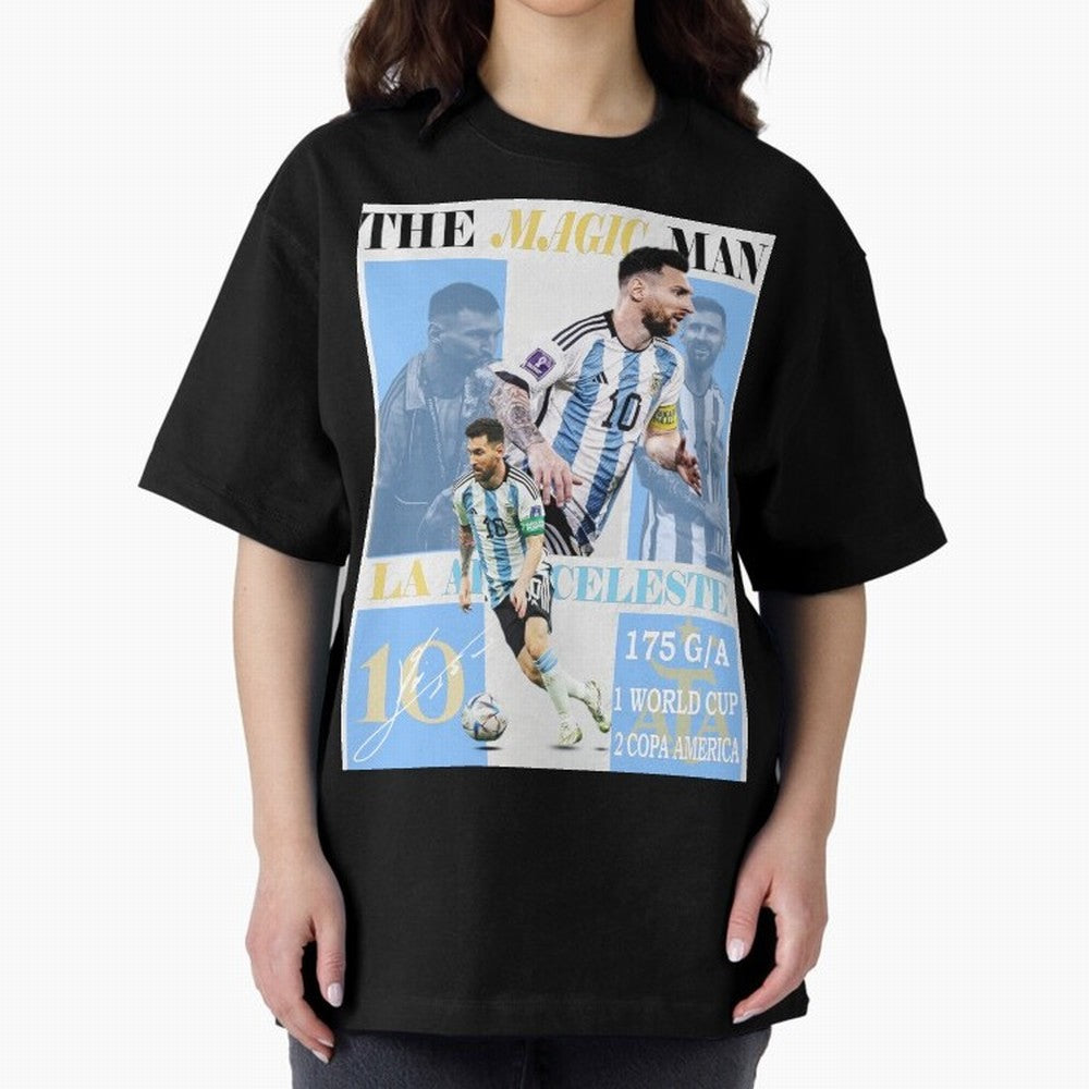 Lionel Messi Argentina World Cup 2022 Champion Victory Poster Oversized T-Shirt Celebrate Fan Culture around FIFA World Cup 2026 USA Canada Mexico for Fans of Cristiano Ronaldo and France, Bringing Match Day Excitement, Supporter Culture, Golden