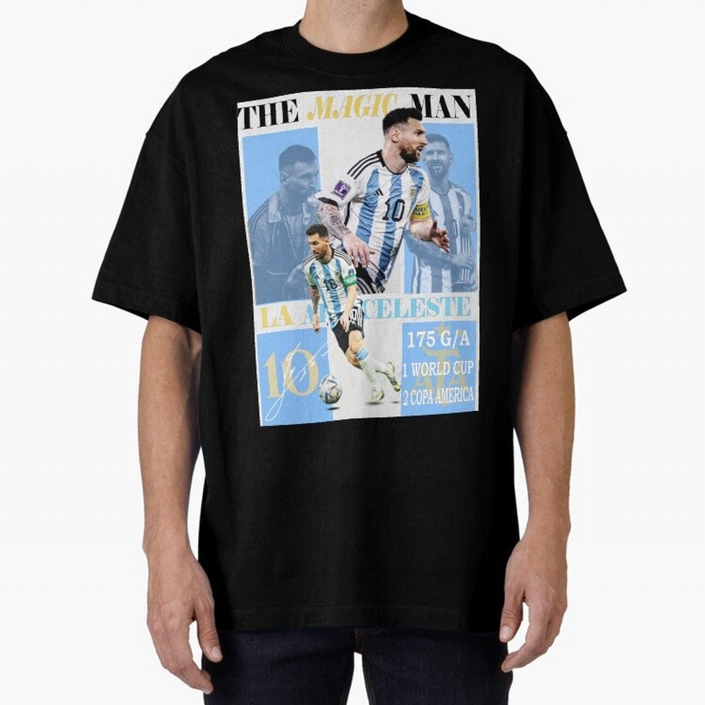 Lionel Messi Argentina World Cup 2022 Champion Victory Poster Oversized T-Shirt Celebrate Fan Culture around FIFA World Cup 2026 USA Canada Mexico for Fans of Cristiano Ronaldo and France, Bringing Match Day Excitement, Supporter Culture, Golden