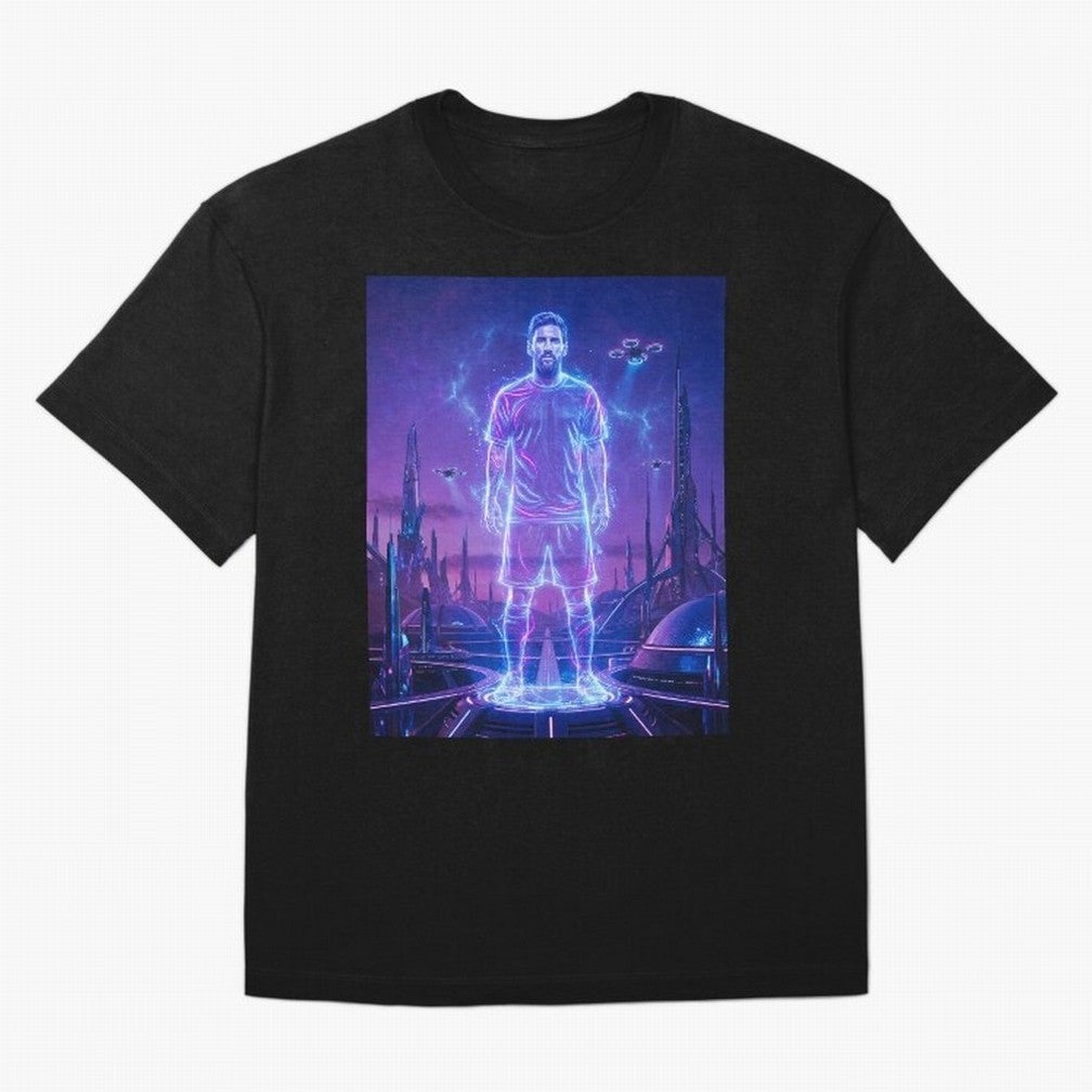 Lionel Messi (GOAT) Hologram in Futuristic Cyberpunk City (Version 4) Classic T-Shirt Wear the Spirit of the FIFA World Cup 2026 USA Canada Mexico Journey through Cristiano Ronaldo, Haaland and CR7 Highlights, Portugal Pride, Match Day Excitement,