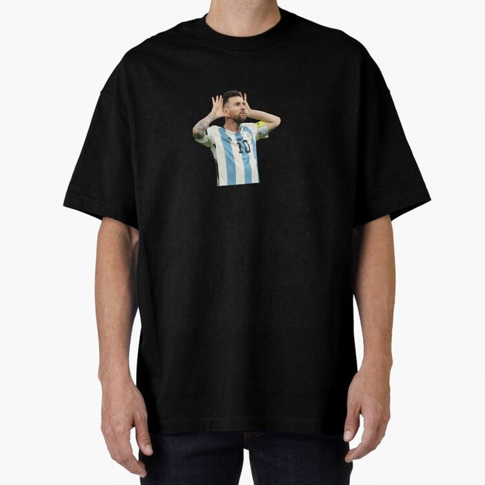 Lionel Messi Argentina Celebration Sticker Oversized T-Shirt Treasure Global Football Passion for FIFA World Cup 2026, Highlighting Mbappe and Neymar, Brazil, Champion Mindset, Group Stage Buzz, Knockout Tension and Passionate Fan Culture; Built