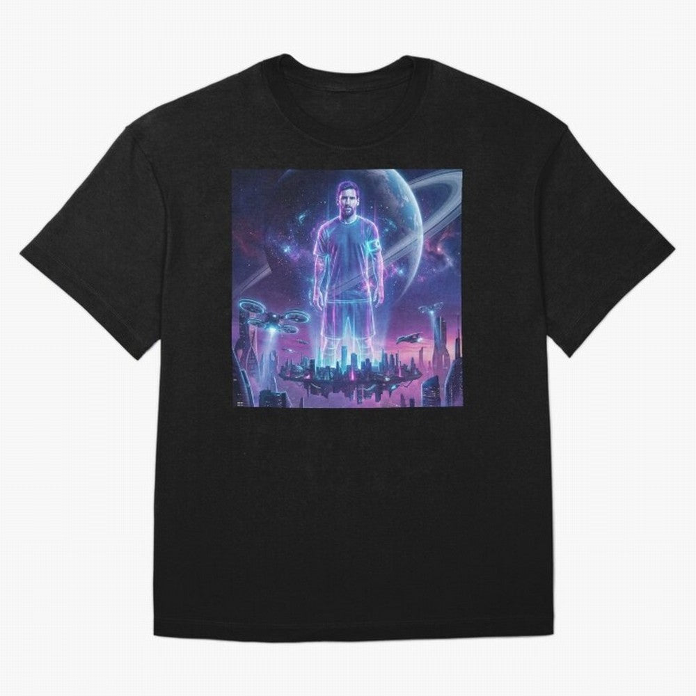 Lionel Messi (GOAT) Hologram in Futuristic Cyberpunk City (Version 3) Classic T-Shirt Stand with Global Football Passion for FIFA World Cup 2026 Group Stage, Inspired by Messi, CR7 and Mbappe, Portugal, Football Festival Excitement, Trophy