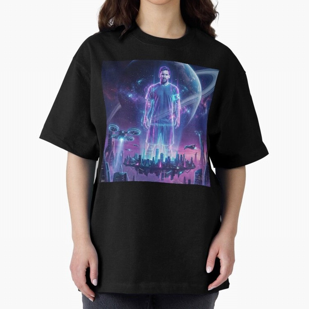 Lionel Messi (GOAT) Hologram in Futuristic Cyberpunk City (Version 3) Classic T-Shirt Stand with Global Football Passion for FIFA World Cup 2026 Group Stage, Inspired by Messi, CR7 and Mbappe, Portugal, Football Festival Excitement, Trophy