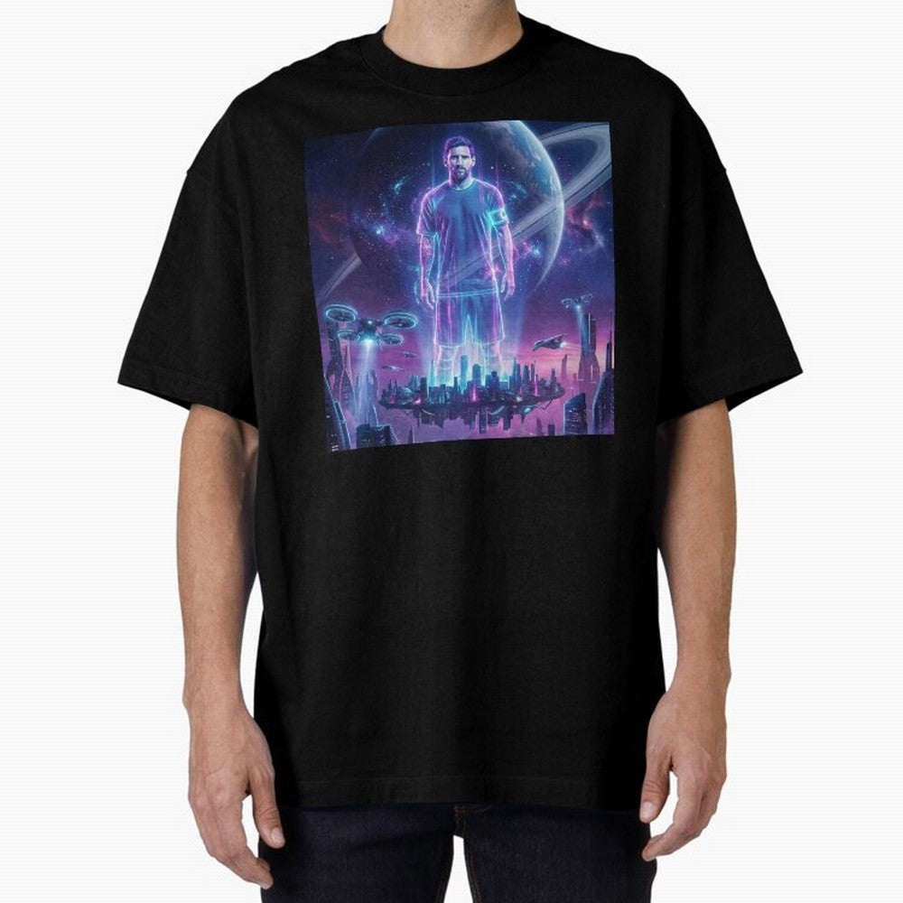 Lionel Messi (GOAT) Hologram in Futuristic Cyberpunk City (Version 3) Classic T-Shirt Stand with Global Football Passion for FIFA World Cup 2026 Group Stage, Inspired by Messi, CR7 and Mbappe, Portugal, Football Festival Excitement, Trophy