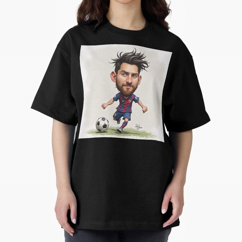 The Little Magician ¨C Caricature of Lionel Messi Oversized T-Shirt Embrace FIFA World Cup 2026 Group Stage Spirit, Highlighting France and Portugal, Messi, CR7 and Mbappe, Sports Nostalgia, International Competition, Famous Players and