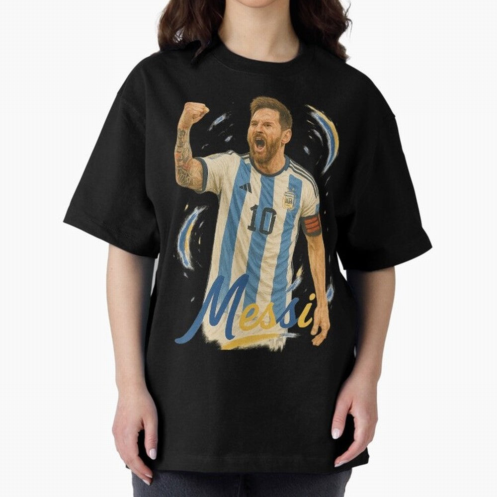 Lionel Messi Argentina Art ¨C Iconic World Cup Champion Tribute Design	 Oversized T-Shirt Stand with the FIFA World Cup 2026 Group Stage Journey through Cristiano Ronaldo Highlights, Argentina Pride, Sports Nostalgia, International Competition,