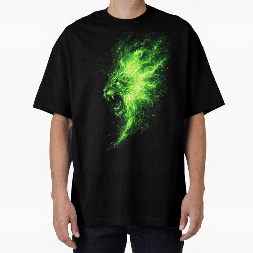 Neon Green Flame Lion ¨C Glowing Fire Roar Beast Graphic | Dark Aesthetic Streetwear Design Graphic T-Shirt Celebrate Classic Football Spirit in Global Football Passion for FIFA World Cup 2026 Group Stage, Connected to Messi, Neymar and Mbappe,