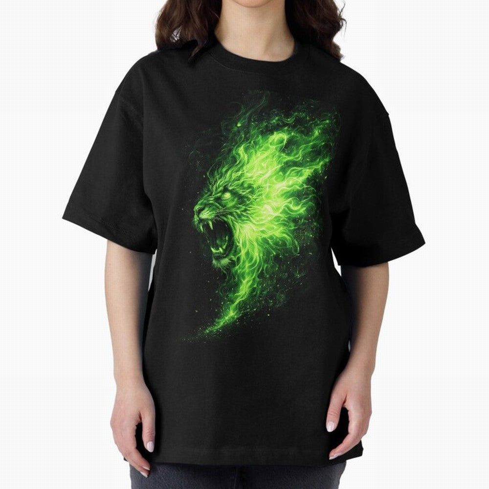 Neon Green Flame Lion ¨C Glowing Fire Roar Beast Graphic | Dark Aesthetic Streetwear Design Graphic T-Shirt Celebrate Classic Football Spirit in Global Football Passion for FIFA World Cup 2026 Group Stage, Connected to Messi, Neymar and Mbappe,