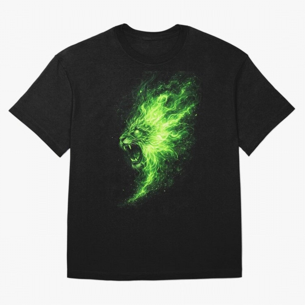 Neon Green Flame Lion ¨C Glowing Fire Roar Beast Graphic | Dark Aesthetic Streetwear Design Graphic T-Shirt Celebrate Classic Football Spirit in Global Football Passion for FIFA World Cup 2026 Group Stage, Connected to Messi, Neymar and Mbappe,