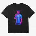 Messi The Goat Art Neon Synthwave Cyberpunk ¨C Retro Futuristic Classic T-Shirt Turn Up for Global Football Passion for FIFA World Cup 2026 USA Canada Mexico, Featuring Messi, Neymar and Mbappe, Spain and Netherlands, Goal Celebration Energy,