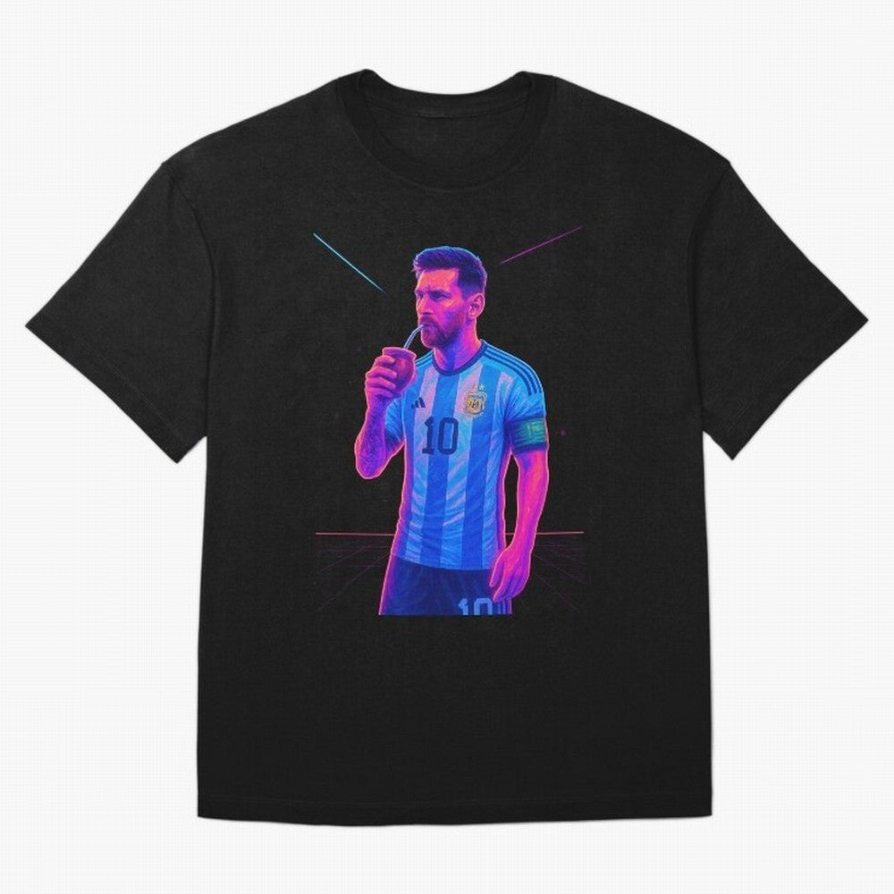 Messi The Goat Art Neon Synthwave Cyberpunk ¨C Retro Futuristic Classic T-Shirt Turn Up for Global Football Passion for FIFA World Cup 2026 USA Canada Mexico, Featuring Messi, Neymar and Mbappe, Spain and Netherlands, Goal Celebration Energy,