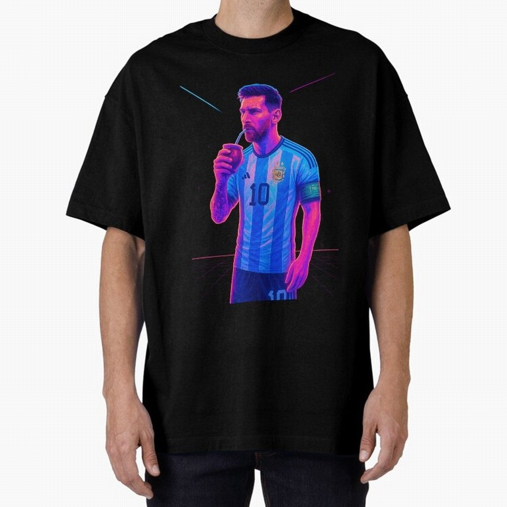 Messi The Goat Art Neon Synthwave Cyberpunk ¨C Retro Futuristic Classic T-Shirt Turn Up for Global Football Passion for FIFA World Cup 2026 USA Canada Mexico, Featuring Messi, Neymar and Mbappe, Spain and Netherlands, Goal Celebration Energy,