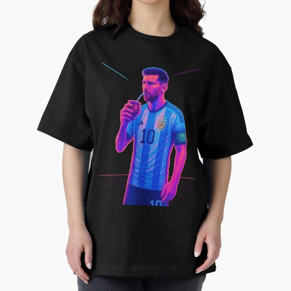 Messi The Goat Art Neon Synthwave Cyberpunk ¨C Retro Futuristic Classic T-Shirt Turn Up for Global Football Passion for FIFA World Cup 2026 USA Canada Mexico, Featuring Messi, Neymar and Mbappe, Spain and Netherlands, Goal Celebration Energy,