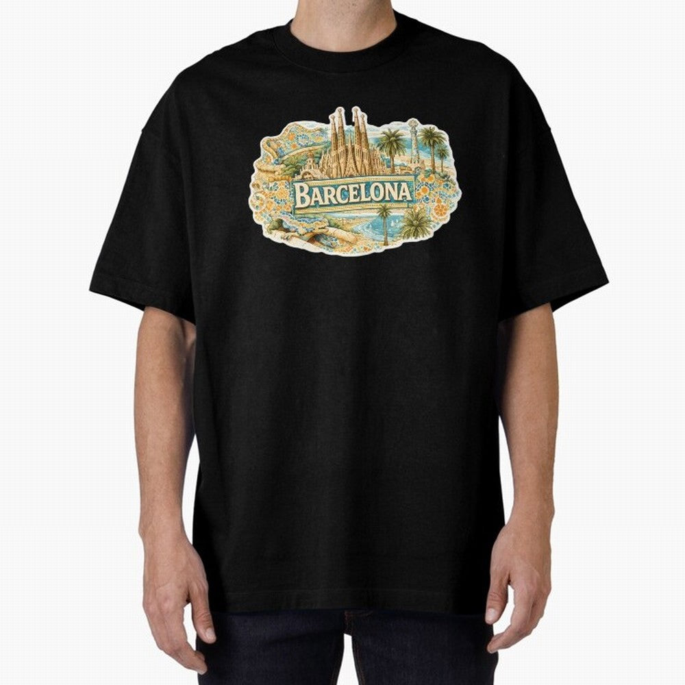 Barcelona Souvenir Sagrada Familia and Mosaic Design Oversized T-Shirt Follow the Final Road of FIFA World Cup 2026 Group Stage Driven by Messi and Cristiano Ronaldo, England, France and Netherlands Energy, Worldwide Fan Energy, Dramatic Goals,