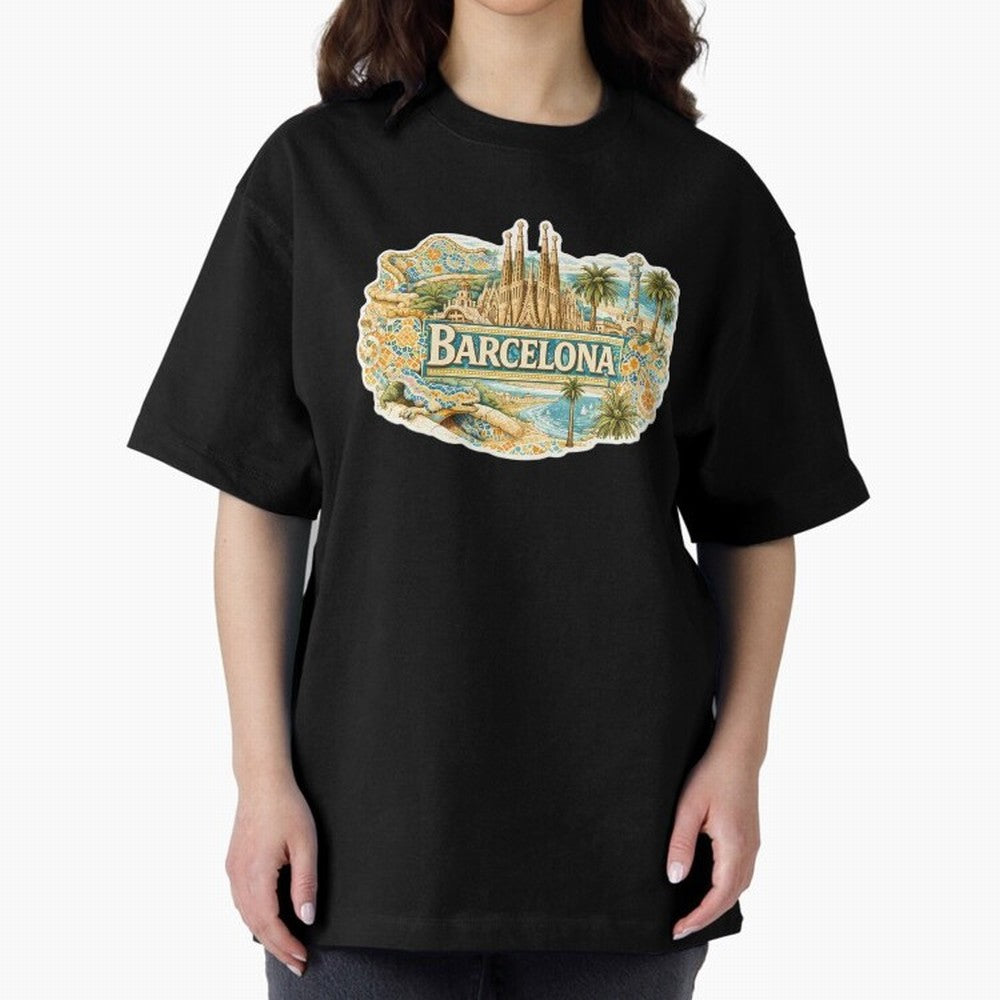 Barcelona Souvenir Sagrada Familia and Mosaic Design Oversized T-Shirt Follow the Final Road of FIFA World Cup 2026 Group Stage Driven by Messi and Cristiano Ronaldo, England, France and Netherlands Energy, Worldwide Fan Energy, Dramatic Goals,