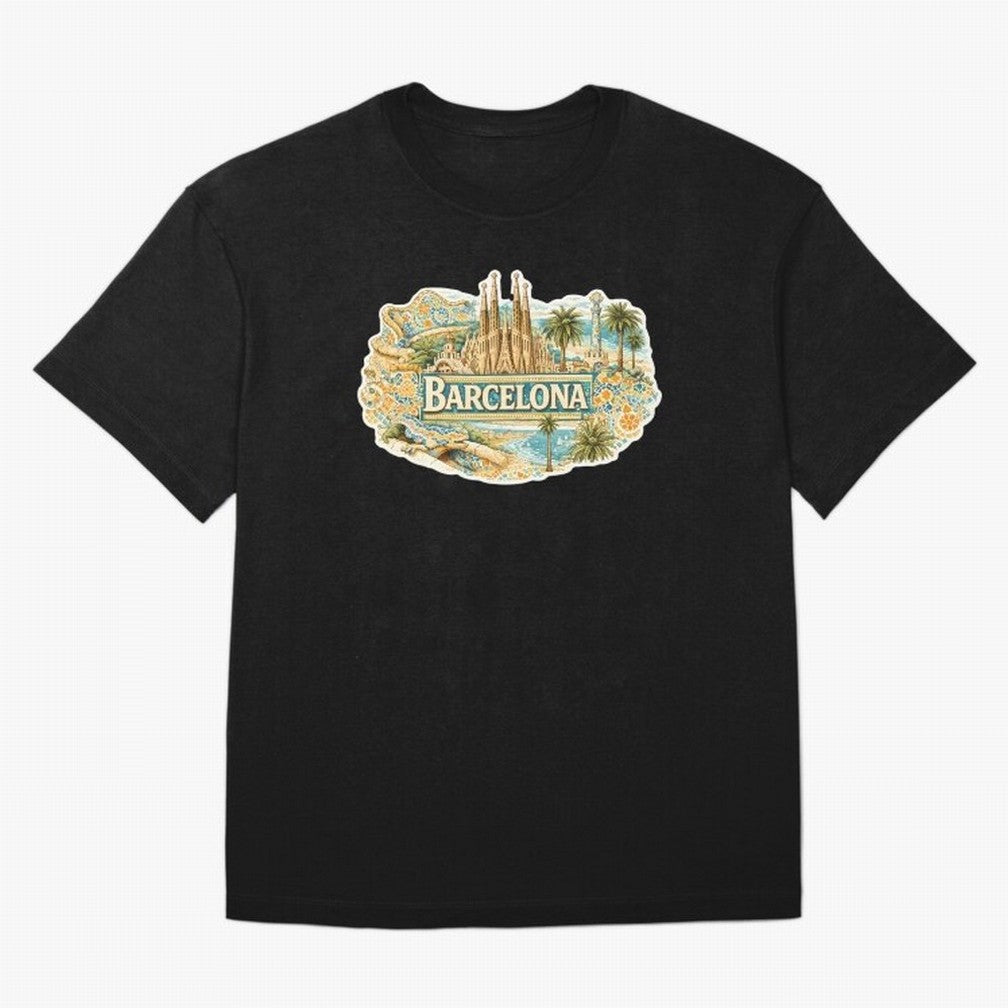 Barcelona Souvenir Sagrada Familia and Mosaic Design Oversized T-Shirt Follow the Final Road of FIFA World Cup 2026 Group Stage Driven by Messi and Cristiano Ronaldo, England, France and Netherlands Energy, Worldwide Fan Energy, Dramatic Goals,