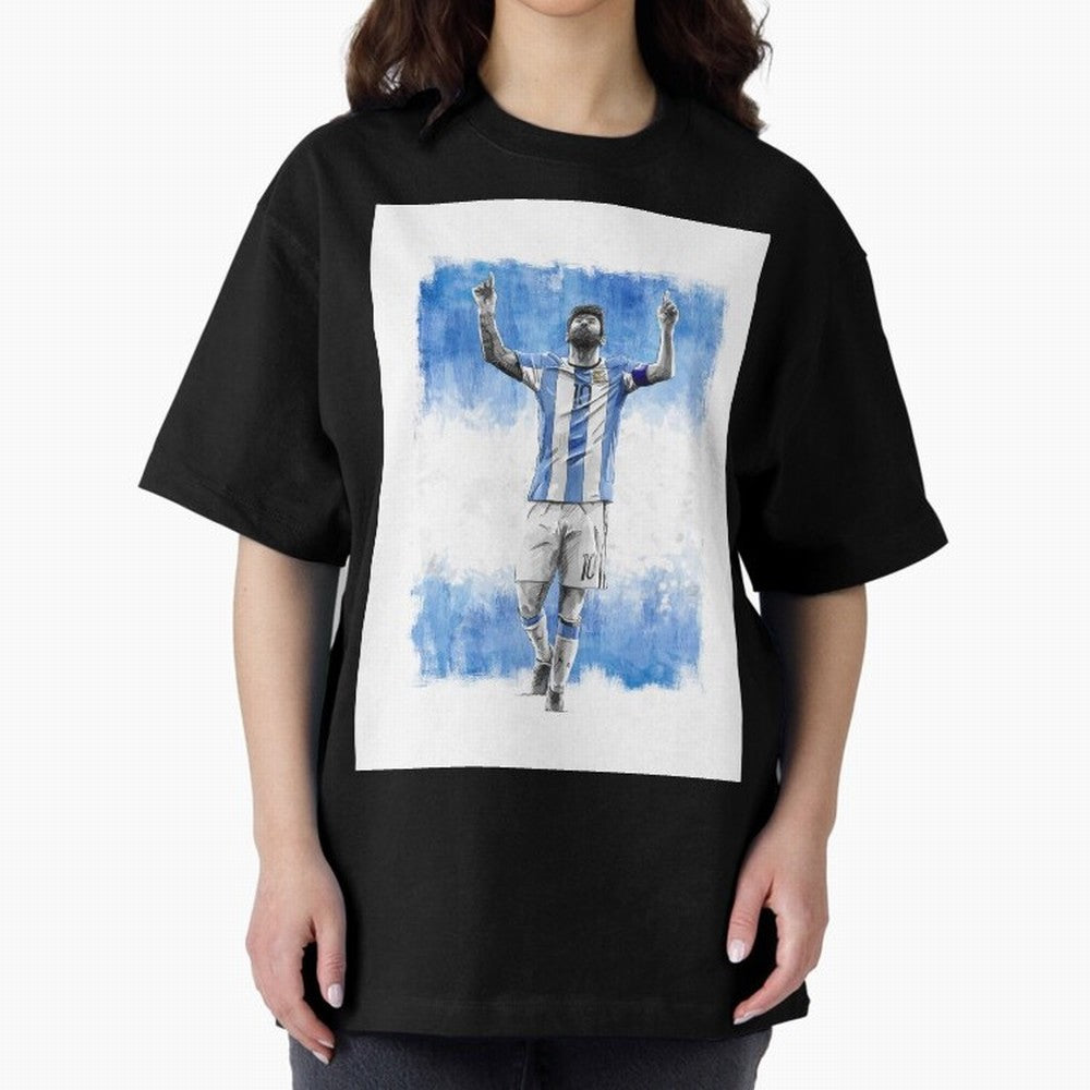 Messi Argentina Football Drawing Oversized T-Shirt Support the Legends of Global Football Passion for FIFA World Cup 2026 USA Canada Mexico, Capturing CR7 and Messi, Argentina, France and Brazil, Stadium Memories, Football Loyalty, International