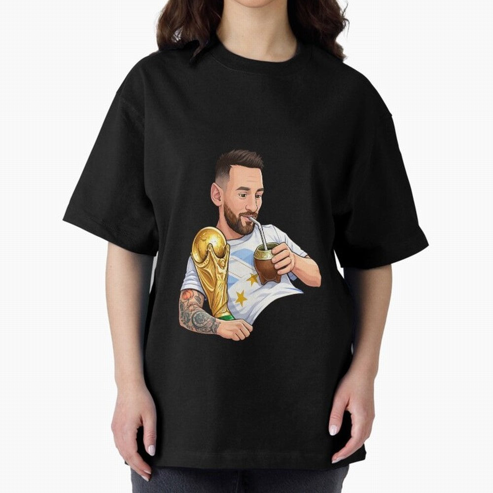Messi drinking mate and his World Cup trophy Graphic T-Shirt Make Memories around FIFA World Cup 2026 Spirit, Capturing Brazil, Neymar, Haaland and Cristiano Ronaldo, Global Supporter Spirit, Legendary Goals, National Colors and Tournament