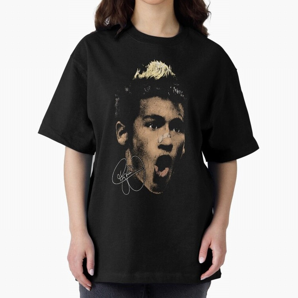 Young Neymar Illustration Oversized T-Shirt Show Support during FIFA World Cup 2026 Spirit, with Argentina and Brazil, Neymar, Haaland and Cristiano Ronaldo, Retro Football Energy, Iconic Rivalries, Trophy Chase Drama and Stadium Atmosphere;