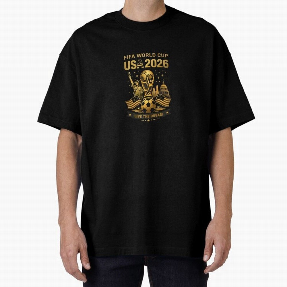 Fifa World Cup USA 2026 Gold Soccer Football Classic T-Shirt Join the Countdown to FIFA World Cup 2026 Group Stage Spirit, with Brazil, Messi, Neymar and Mbappe, Retro Football Energy, Iconic Rivalries, Trophy Chase Drama and Stadium Atmosphere;