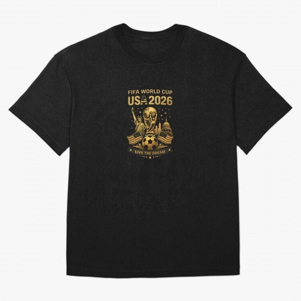 Fifa World Cup USA 2026 Gold Soccer Football Classic T-Shirt Join the Countdown to FIFA World Cup 2026 Group Stage Spirit, with Brazil, Messi, Neymar and Mbappe, Retro Football Energy, Iconic Rivalries, Trophy Chase Drama and Stadium Atmosphere;