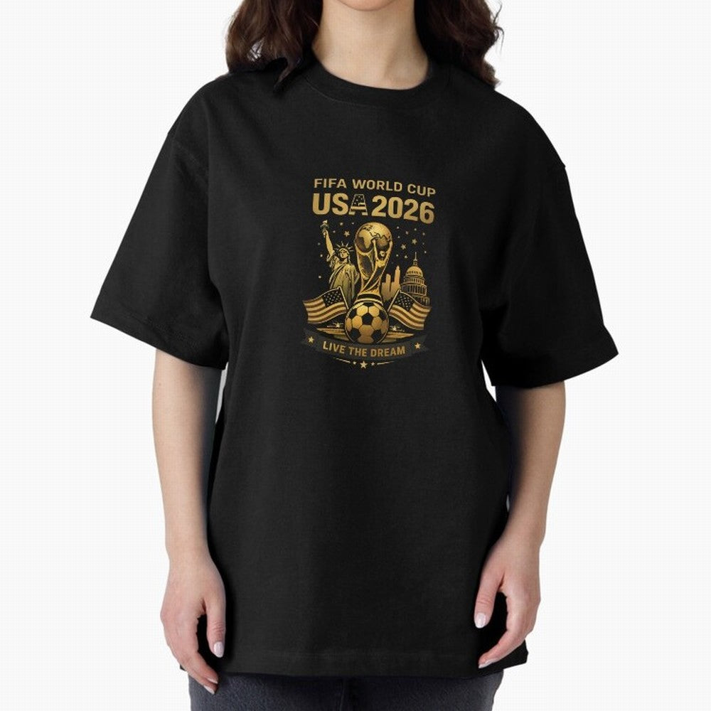 Fifa World Cup USA 2026 Gold Soccer Football Classic T-Shirt Join the Countdown to FIFA World Cup 2026 Group Stage Spirit, with Brazil, Messi, Neymar and Mbappe, Retro Football Energy, Iconic Rivalries, Trophy Chase Drama and Stadium Atmosphere;
