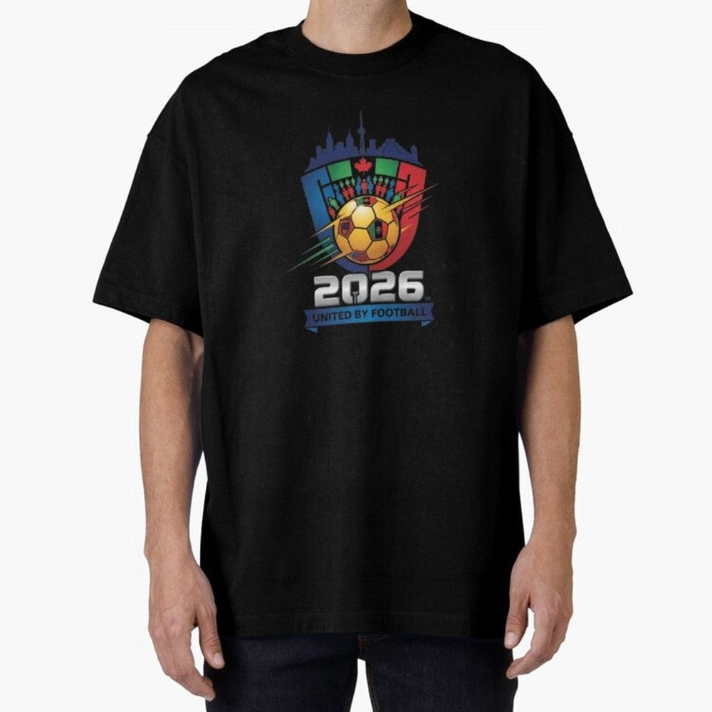 2026 World Cup United by Football Shield Emblem with Skyline Classic T-Shirt Showcase FIFA World Cup 2026 USA Canada Mexico Spirit, Centered on Germany, Mbappe and Neymar, Vintage Soccer Flavor, Modern Football Stars, National Flags and Final Night