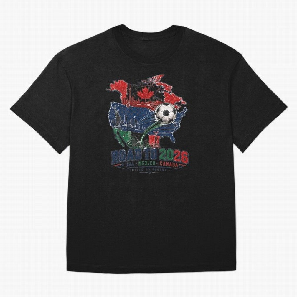 Road to 2026 USA Mexico Canada Soccer Badge Classic T-Shirt Carry the Colors and Pride of Global Football Passion for FIFA World Cup 2026 Group Stage, Connected to CR7, Argentina, France and Brazil, Goal Celebration Energy, Supporter Heritage,