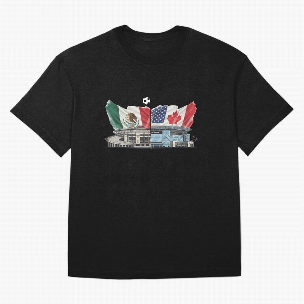 2026 World Cup Opening & Final ¨C Azteca Stadium Mexico & MetLife Stadium USA ¨C Football Design with Mexican, Canadian & US Flags Classic T-Shirt Experience the Global Stage of FIFA World Cup 2026 USA Canada Mexico Spirit, Driven by Spain and