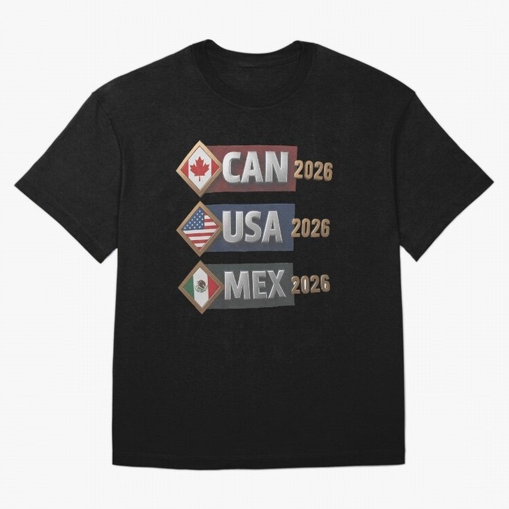 CAN USA MEx 2026 Flags, Canada USA Mexico Soccer Tournament Classic T-Shirt Make Every Kick Count in Global Football Passion for FIFA World Cup 2026, Centered on Cristiano Ronaldo, Portugal, Spain and Germany, Football Festival Excitement, Trophy