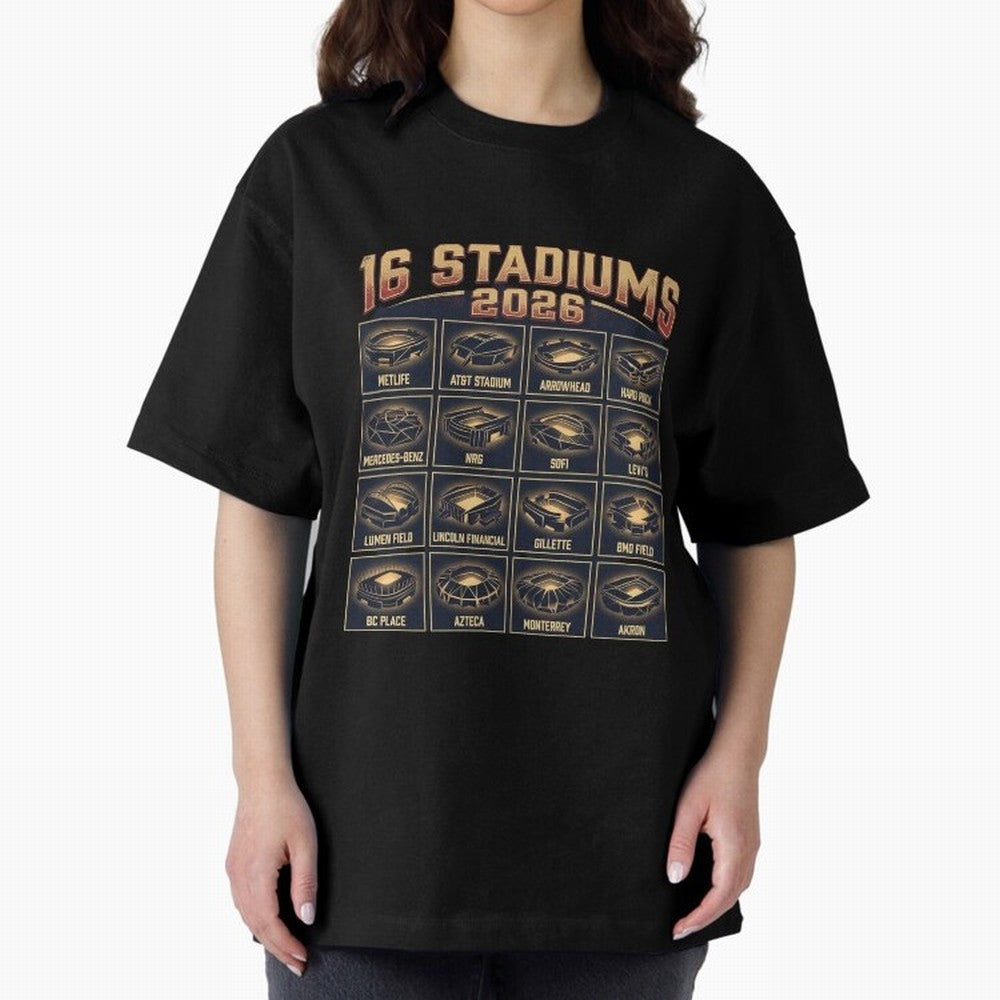 Sixteen Stadiums for 2026 World Cup Classic T-Shirt Stand with FIFA World Cup 2026 with Messi, CR7 and Mbappe, England, France and Netherlands Energy, Classic Soccer Heritage, Championship Pressure, Fan Loyalty and International Pride; Perfect for