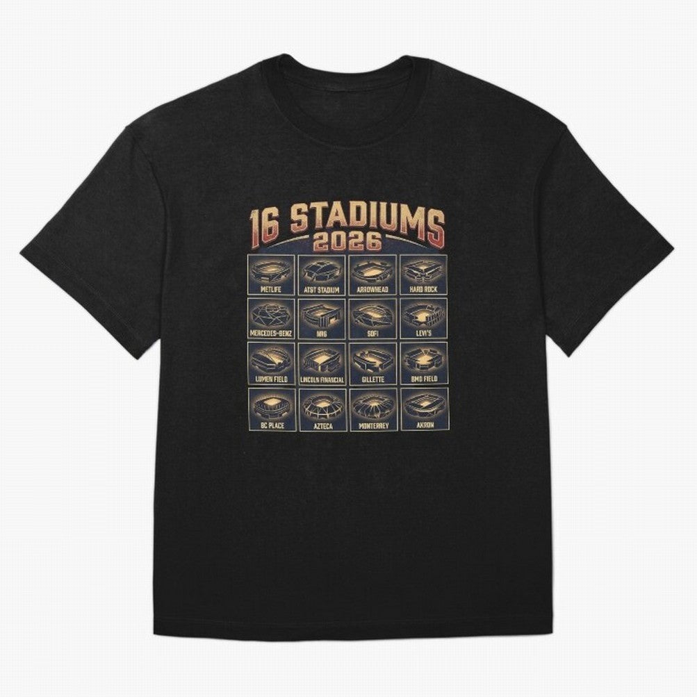Sixteen Stadiums for 2026 World Cup Classic T-Shirt Stand with FIFA World Cup 2026 with Messi, CR7 and Mbappe, England, France and Netherlands Energy, Classic Soccer Heritage, Championship Pressure, Fan Loyalty and International Pride; Perfect for