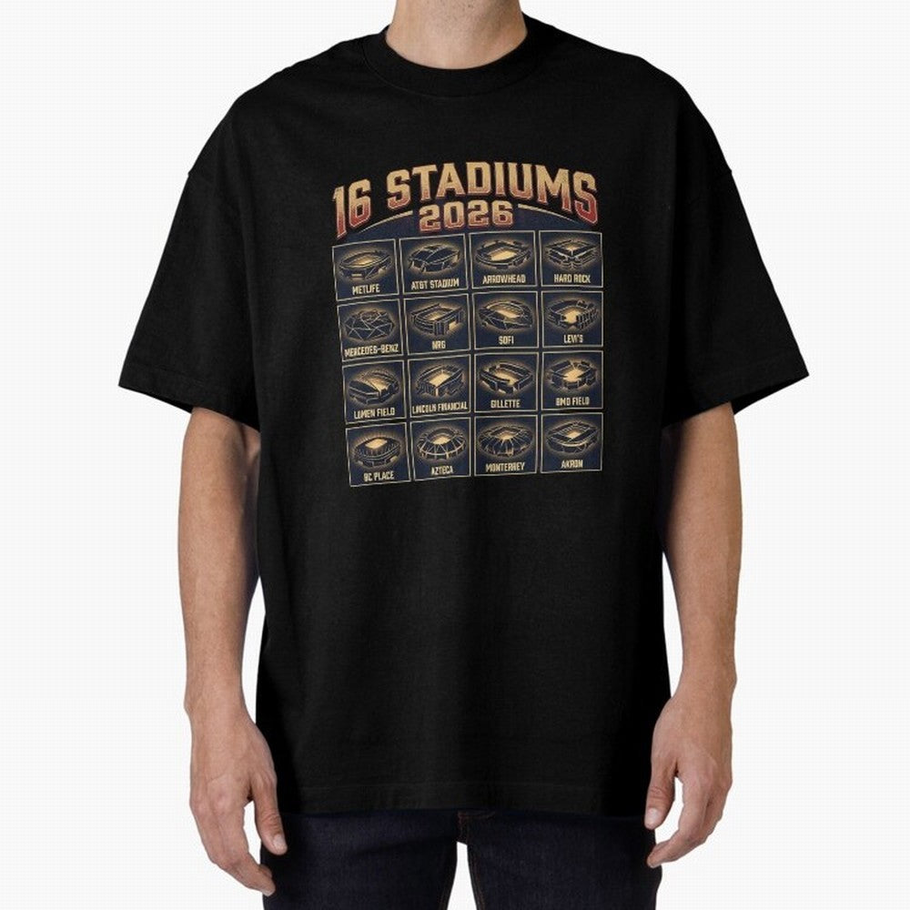 Sixteen Stadiums for 2026 World Cup Classic T-Shirt Stand with FIFA World Cup 2026 with Messi, CR7 and Mbappe, England, France and Netherlands Energy, Classic Soccer Heritage, Championship Pressure, Fan Loyalty and International Pride; Perfect for