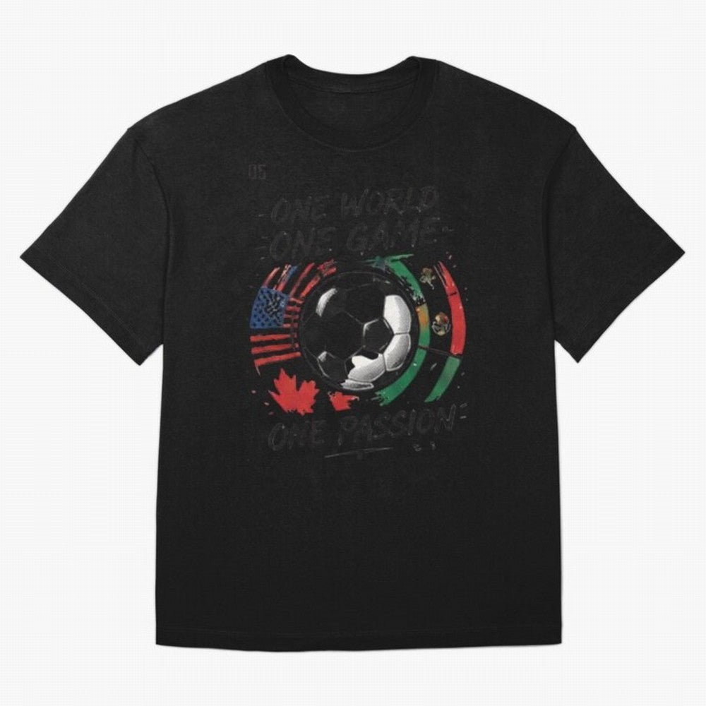 One World One Game Football Graphic Tee Classic T-Shirt Celebrate Global Football Passion for FIFA World Cup 2026 Group Stage, Capturing CR7 and Messi, England, Supporter Pride, Iconic Celebrations, Legendary Names and Global Match Day Energy;