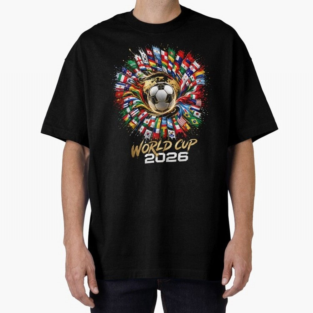 World Cup 2026 Flag Fusion Football T-Shirt Oversized T-Shirt Showcase Global Football Passion for FIFA World Cup 2026 USA Canada Mexico, with Messi, CR7 and Mbappe, Spain and Netherlands, Vintage Soccer Flavor, Modern Football Stars, National