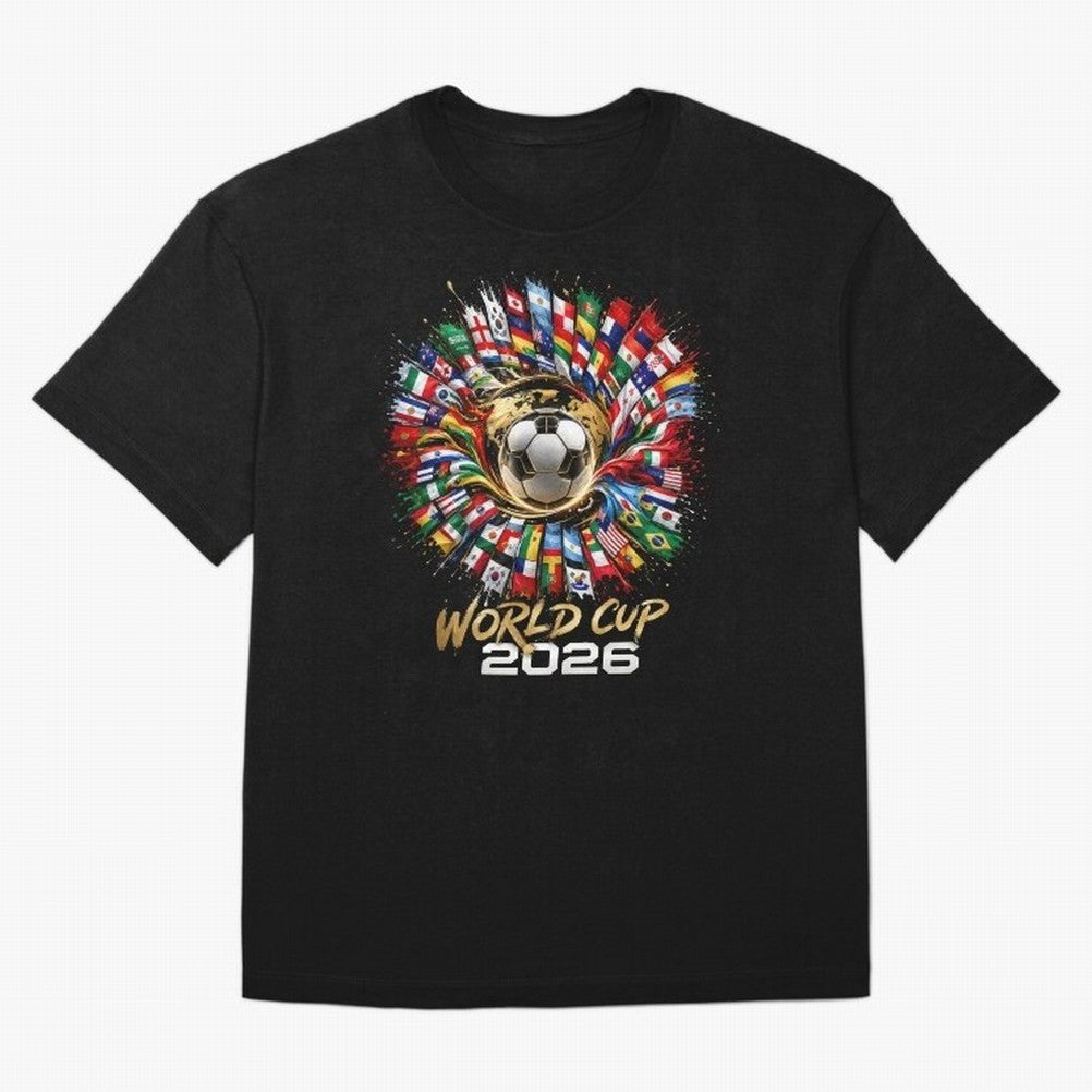World Cup 2026 Flag Fusion Football T-Shirt Oversized T-Shirt Showcase Global Football Passion for FIFA World Cup 2026 USA Canada Mexico, with Messi, CR7 and Mbappe, Spain and Netherlands, Vintage Soccer Flavor, Modern Football Stars, National