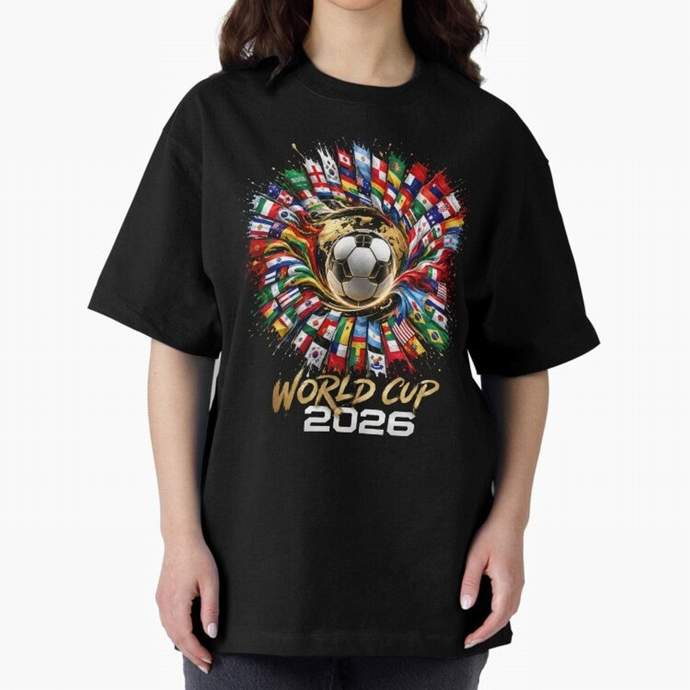 World Cup 2026 Flag Fusion Football T-Shirt Oversized T-Shirt Showcase Global Football Passion for FIFA World Cup 2026 USA Canada Mexico, with Messi, CR7 and Mbappe, Spain and Netherlands, Vintage Soccer Flavor, Modern Football Stars, National