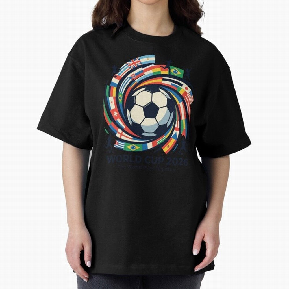 2D World Cup 2026 Football Spiral Flag Design T-Shirt Oversized T-Shirt Embrace FIFA World Cup 2026 Group Stage for Fans of Neymar and Brazil, Bringing Football Passion, Legendary Performances, Festival Vibes and Supporter Community; Built for