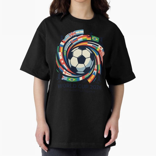2D World Cup 2026 Football Spiral Flag Design T-Shirt Oversized T-Shirt Embrace FIFA World Cup 2026 Group Stage for Fans of Neymar and Brazil, Bringing Football Passion, Legendary Performances, Festival Vibes and Supporter Community; Built for
