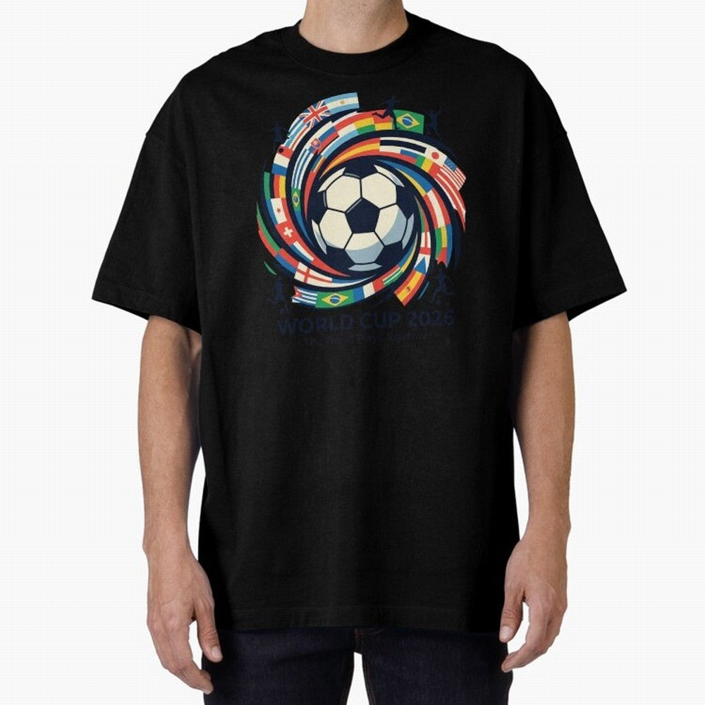 2D World Cup 2026 Football Spiral Flag Design T-Shirt Oversized T-Shirt Embrace FIFA World Cup 2026 Group Stage for Fans of Neymar and Brazil, Bringing Football Passion, Legendary Performances, Festival Vibes and Supporter Community; Built for