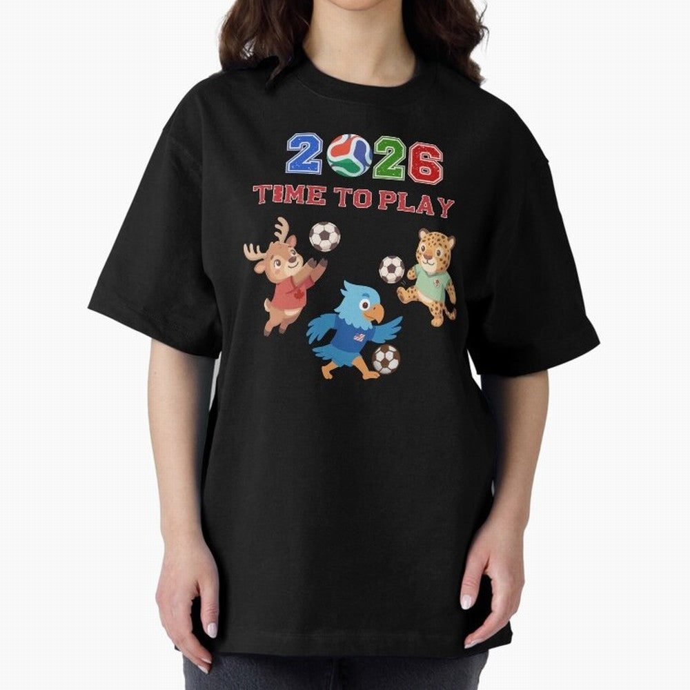 Soccer Mascots 2026 USA Mexico Canada Time To Play Oversized T-Shirt Feel the Trophy Chase of FIFA World Cup 2026 USA Canada Mexico Spirit, Centered on England, France and Netherlands, Cristiano Ronaldo, Worldwide Fan Energy, Dramatic Goals,